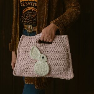 Hand Knit Powder Pink Bunny Boho Crotched Bag Handbag Purse